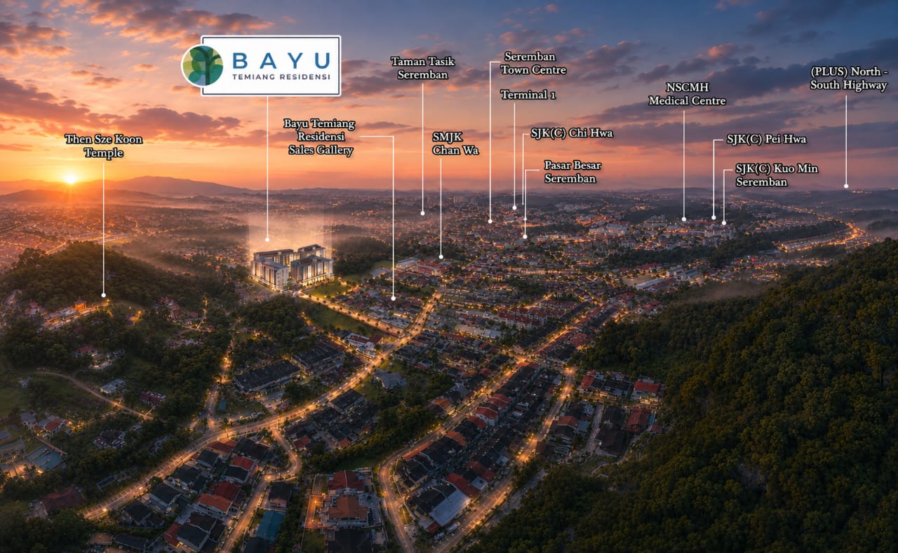 Aerial view of Bayu Temiang Residensi and surrounding Seremban landmarks