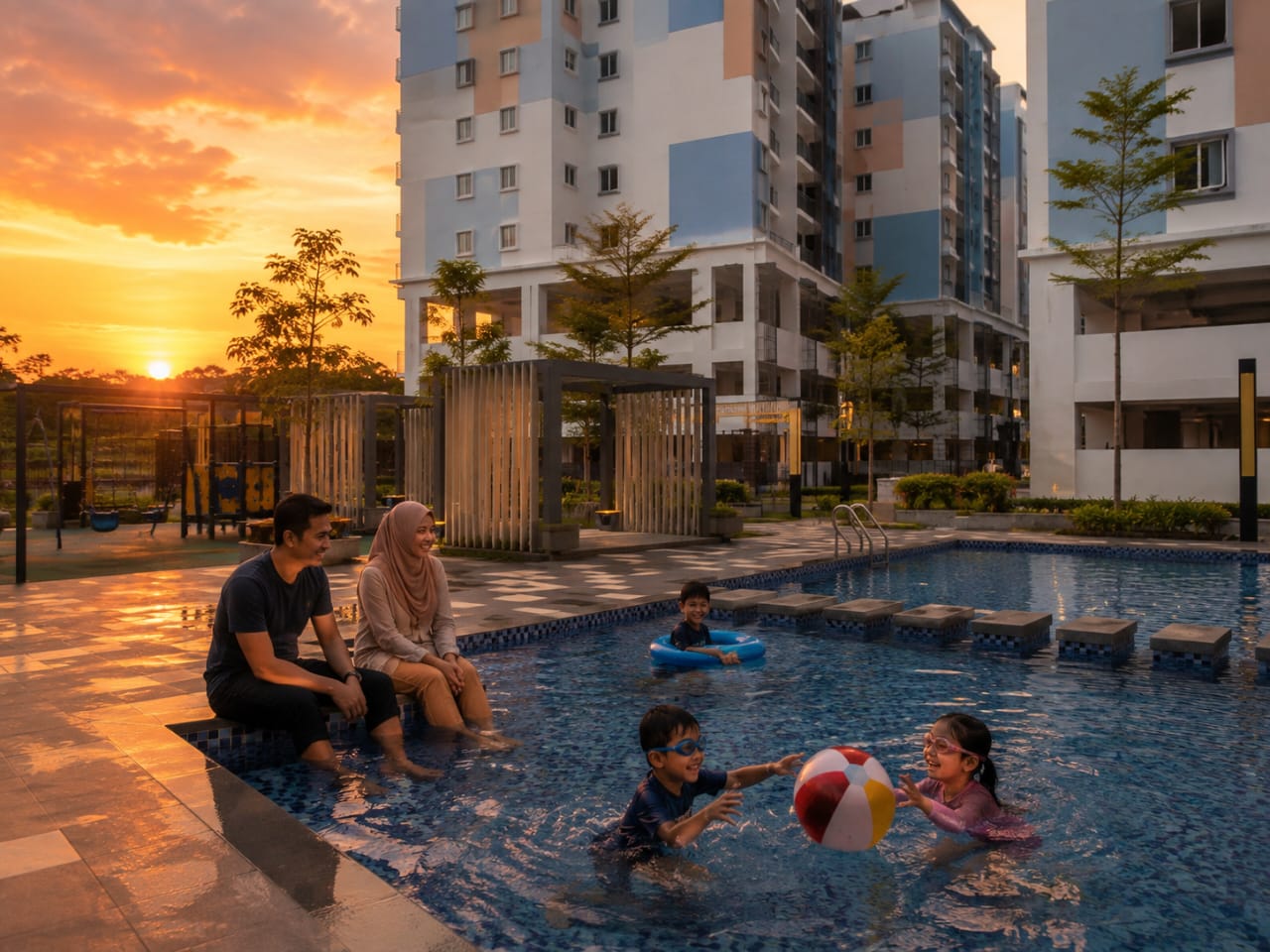 Kolam renang Bayu Temiang Residensi pada waktu senja